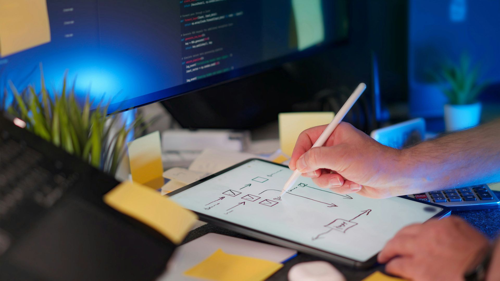 Eine Person zeichnet mit einem digitalen Stift einen Implementierungsplan für  BIS-C PLUS auf einem Tablet 