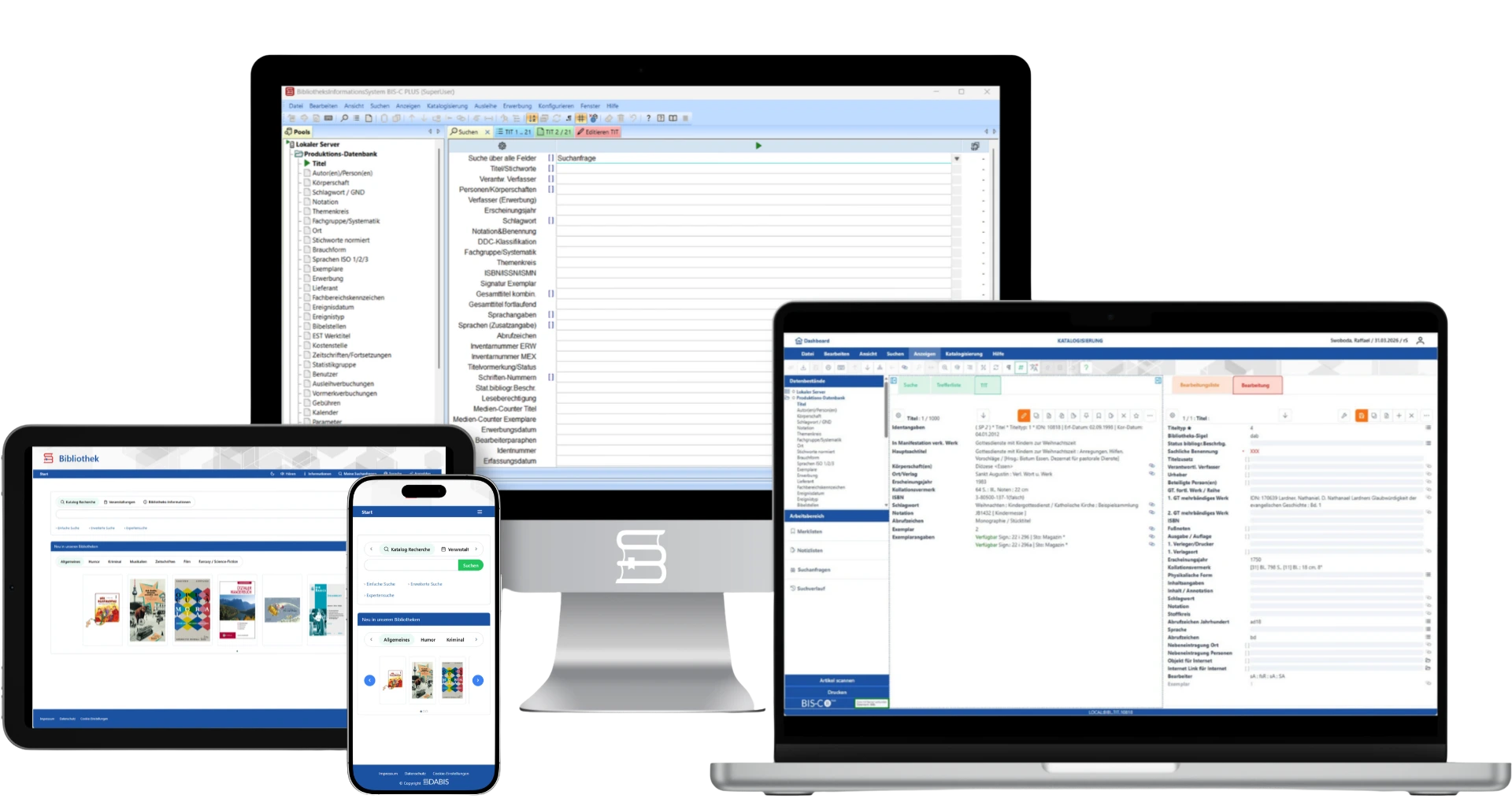 Bild der Benutzeroberfläche der Bibliothekssoftware BIS-C PLUS mit  Katalogisierung und Web-OPAC auf verschiedenen Geräten